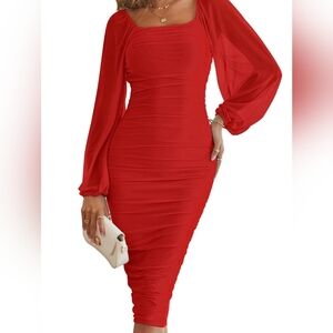 Merokeety Puffy Lace Long Sleeve Mesh Bodycon Midi Dress